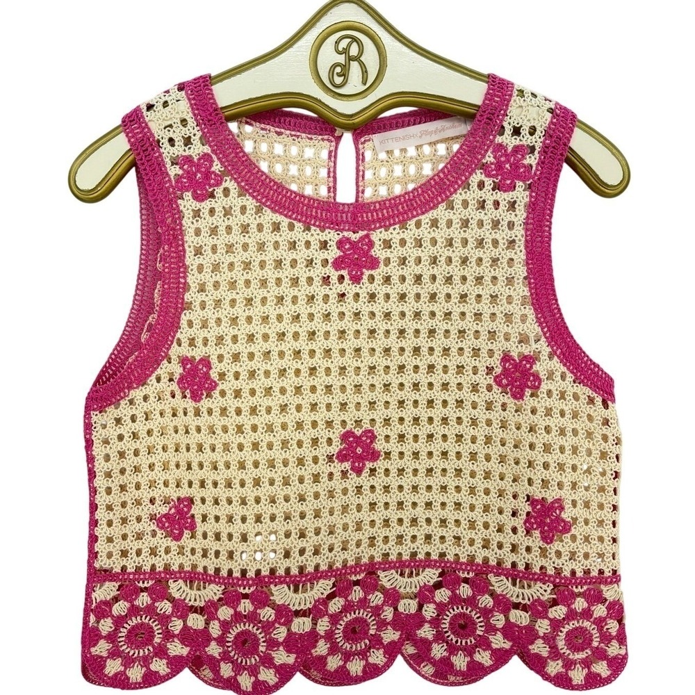 Kittenish Crochet Crop Top Sleeveless Pink Floral Boho Cute Girly Beachy SMALL